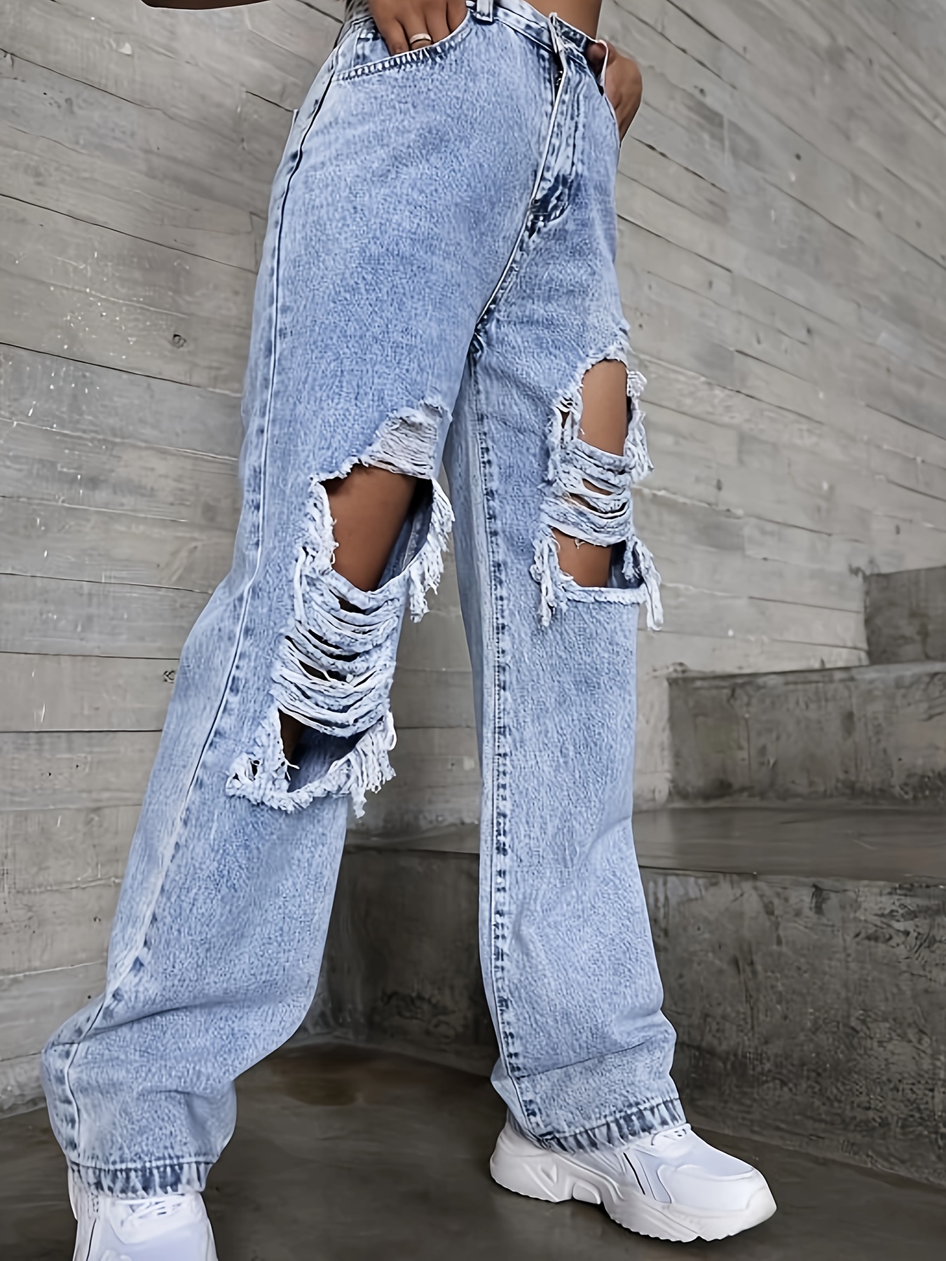 Retro Oversized Denim Wide High Jeans With Ripped Holes And