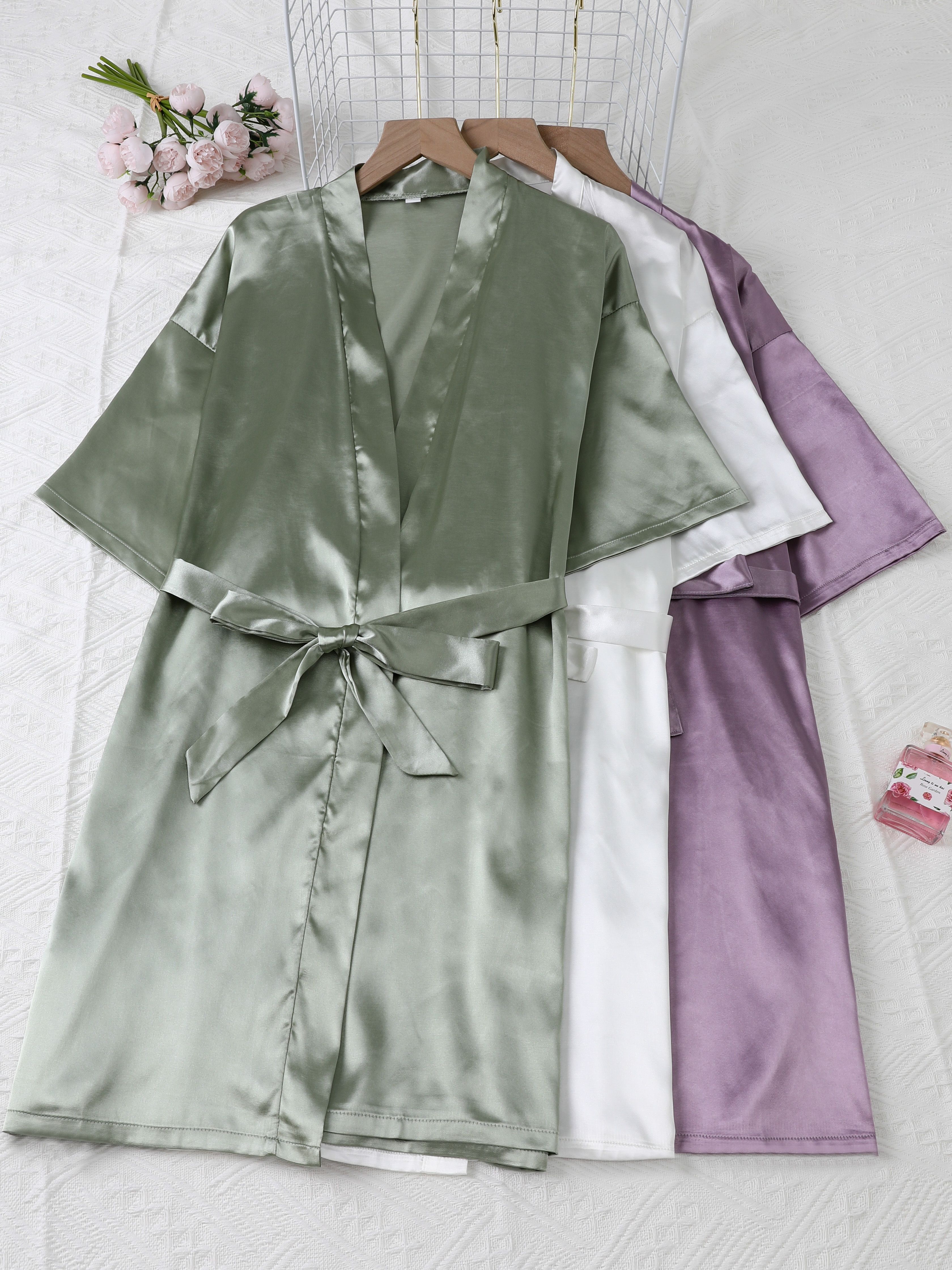 Women's Satin Floral Print Short Sleeve Belted Lounge Robes