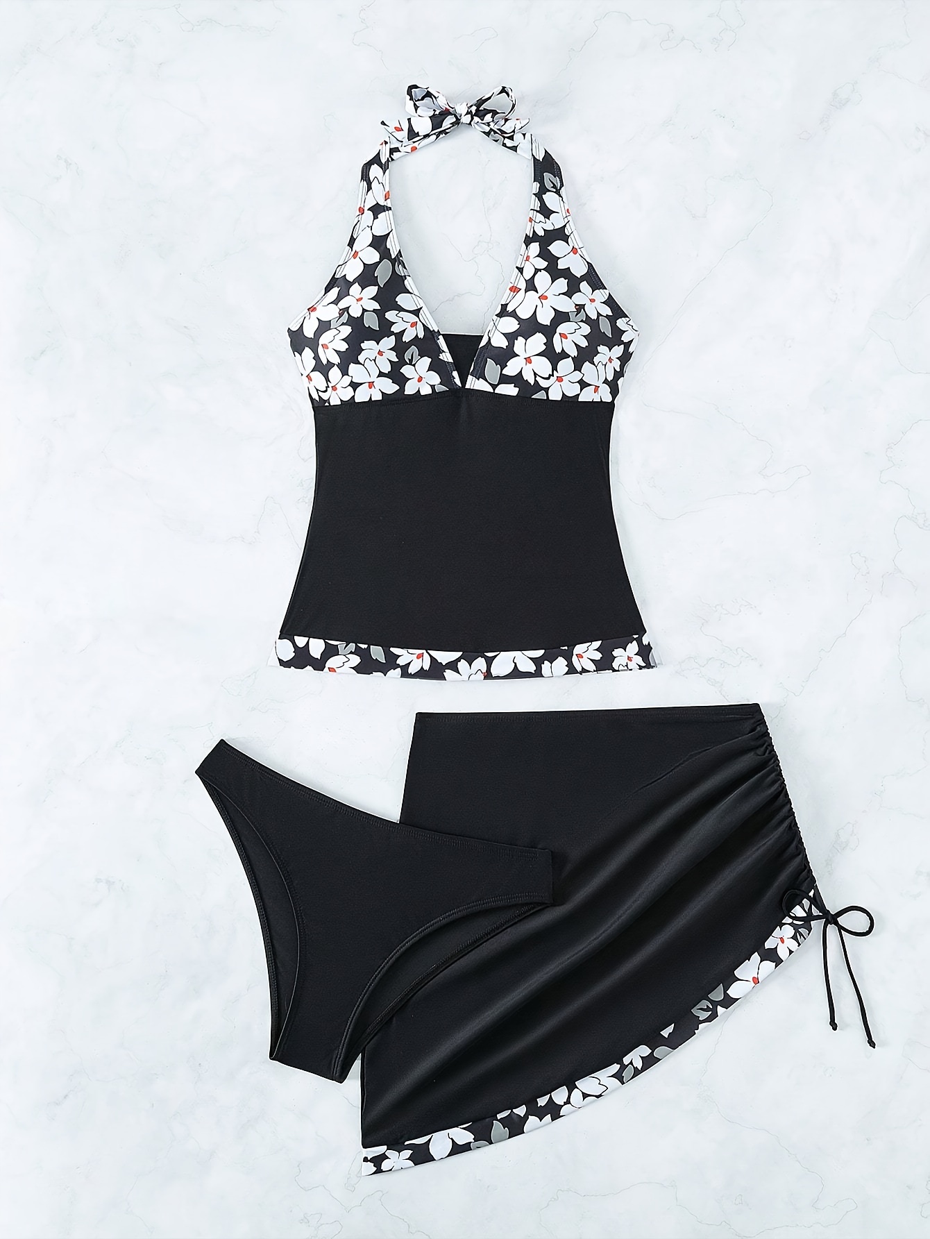 Floral Print Black Halter Swimsuits Backless Tie - Temu