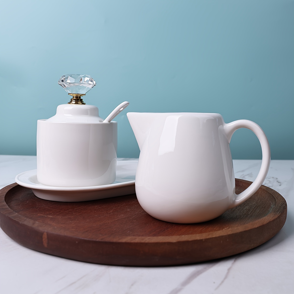 Porcelain Sugar And Creamer With Tray And Crystal Lid Set - Temu