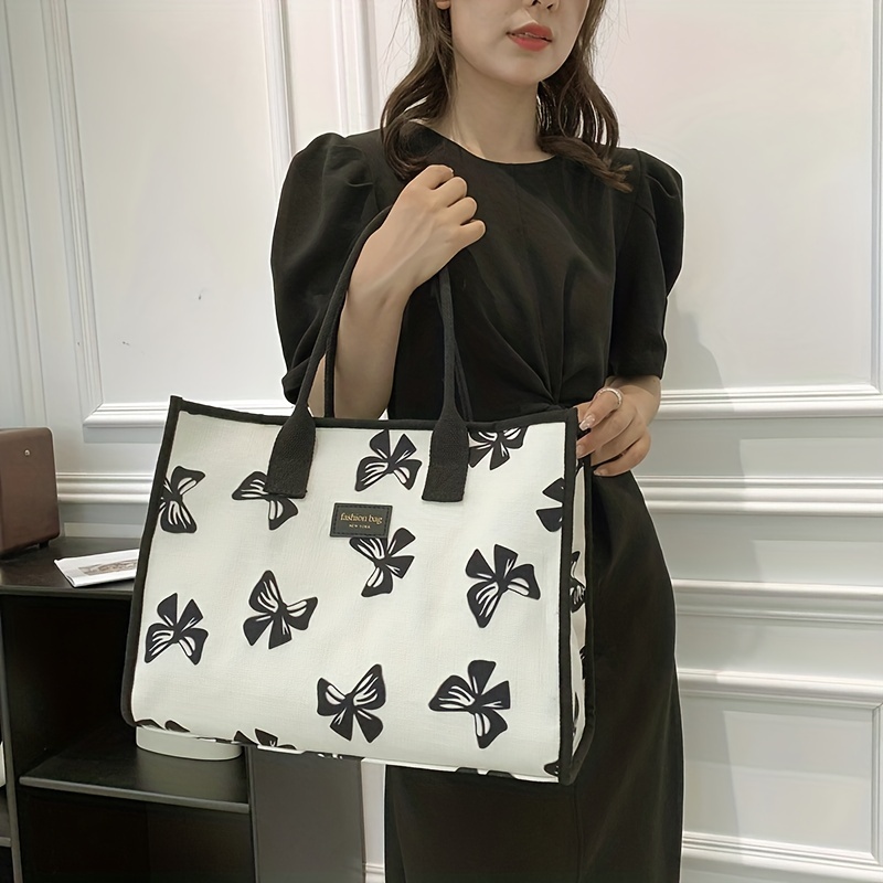 Sweet Bow Print Canvas Tote Bag, Elegant Shoulder Bag For Women, Large  Capacity Zipper Handbag For Shopping
