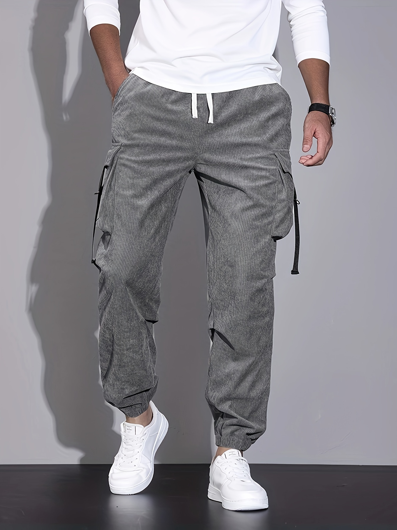 Trendy Corduroy Cargo Pants, Men's Multi Flap Pocket Trousers