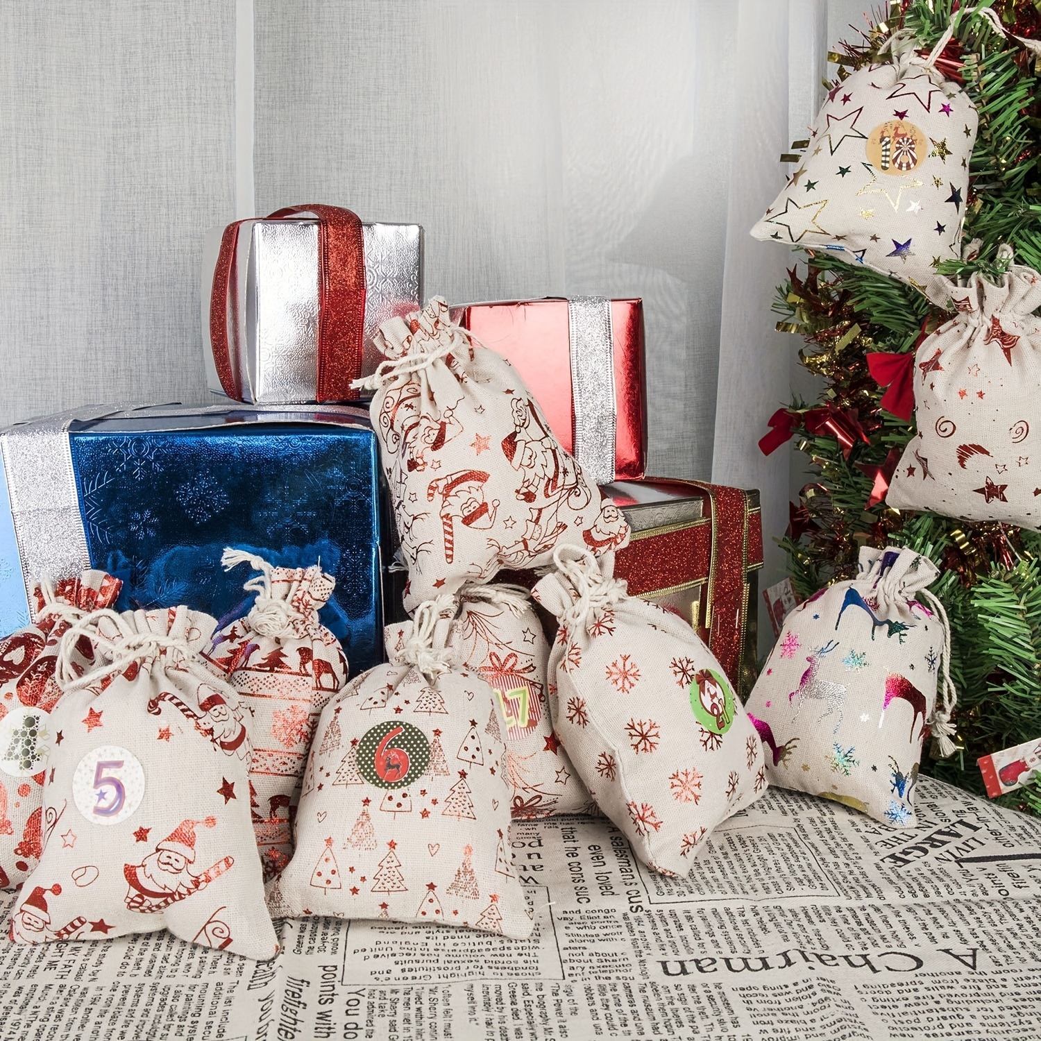 24pcs, Sacs de calendrier de l'Avent de Noël Sacs-cadeaux de Noël