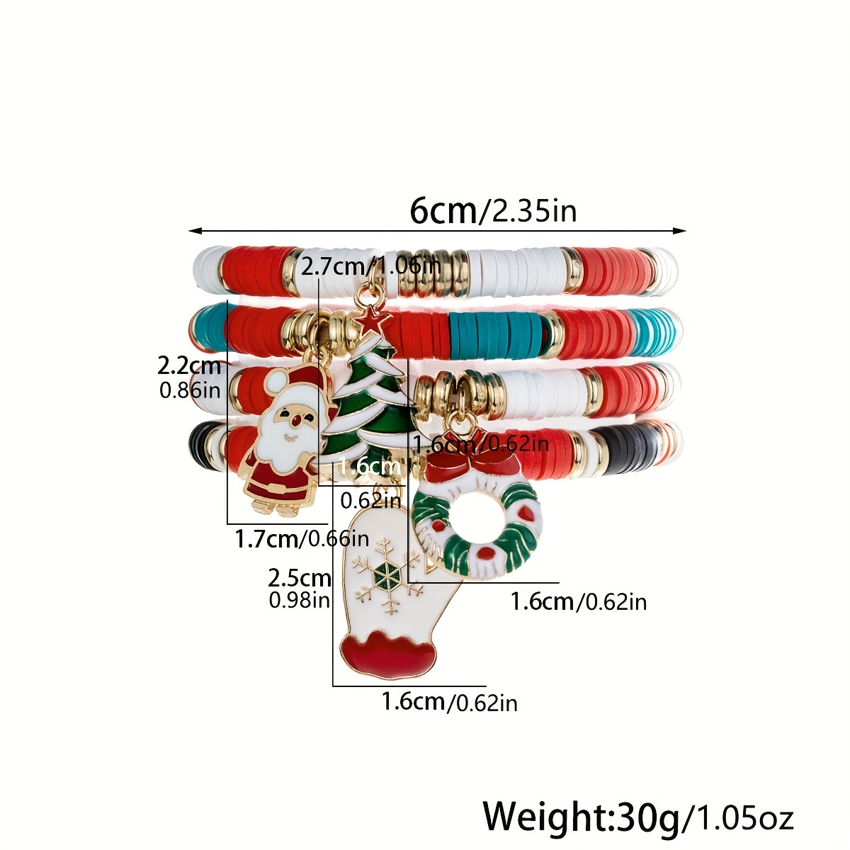 3pcs Santa Claus Pendant Beaded Bracelet Set with Red Green Soft Clay Beads Stackable Elastic Stretch Bracelet,Temu