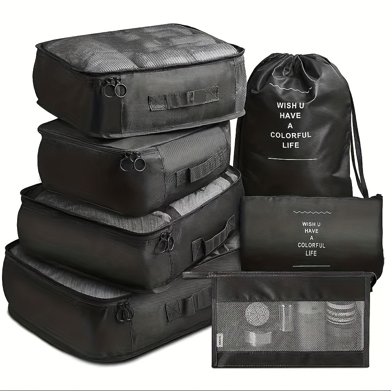 7pcs/set Travel Storage Bags, Portable, Solid Color, Clothing