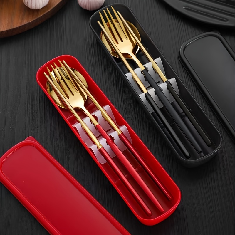 Reusable Utensils with Case, Travel Portable Fork Spoon Chopsticks Set with  Organizer Stainless Steel Flatware Utensils to go with Platic Case for