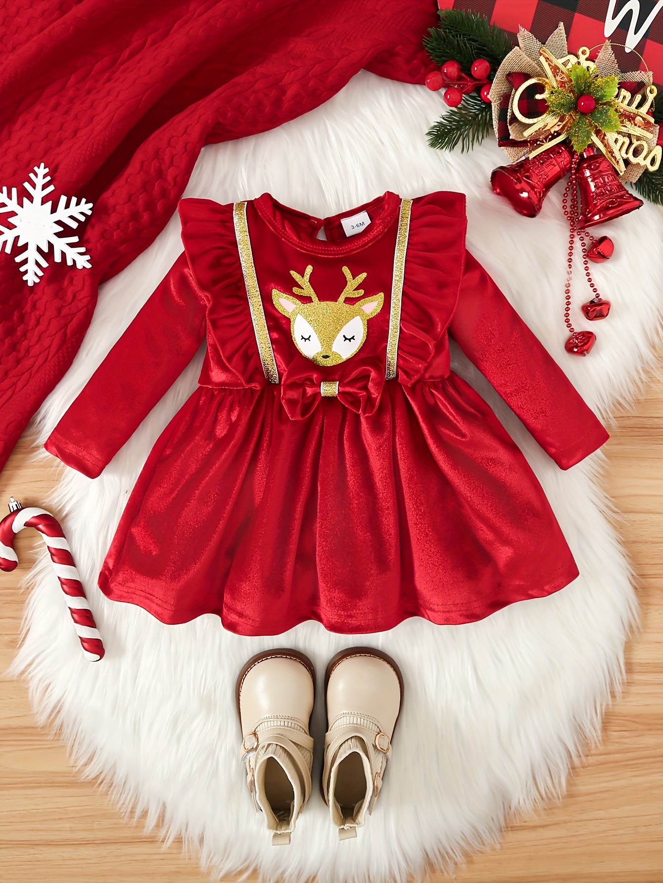 Baby Girl's Cute Bronzing Christmas Deer Golden Velvet Ruffle Casual Party  Christmas Dress, Kids Clothes Autumn And Winter