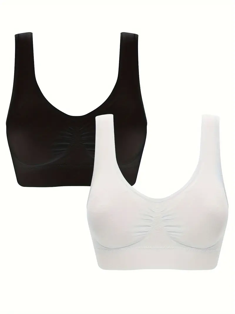 2 Pack Plus Size Sports Bra, Women's Plus Solid Medium Stretch Breathable  Yoga Bra 2 Piece Set