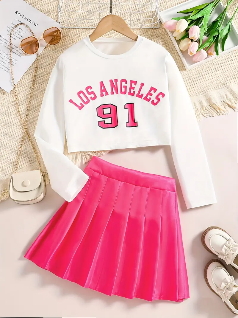 Girl's Preppy Style Outfit Sweatshirt Pleated Skirt Set Los - Temu
