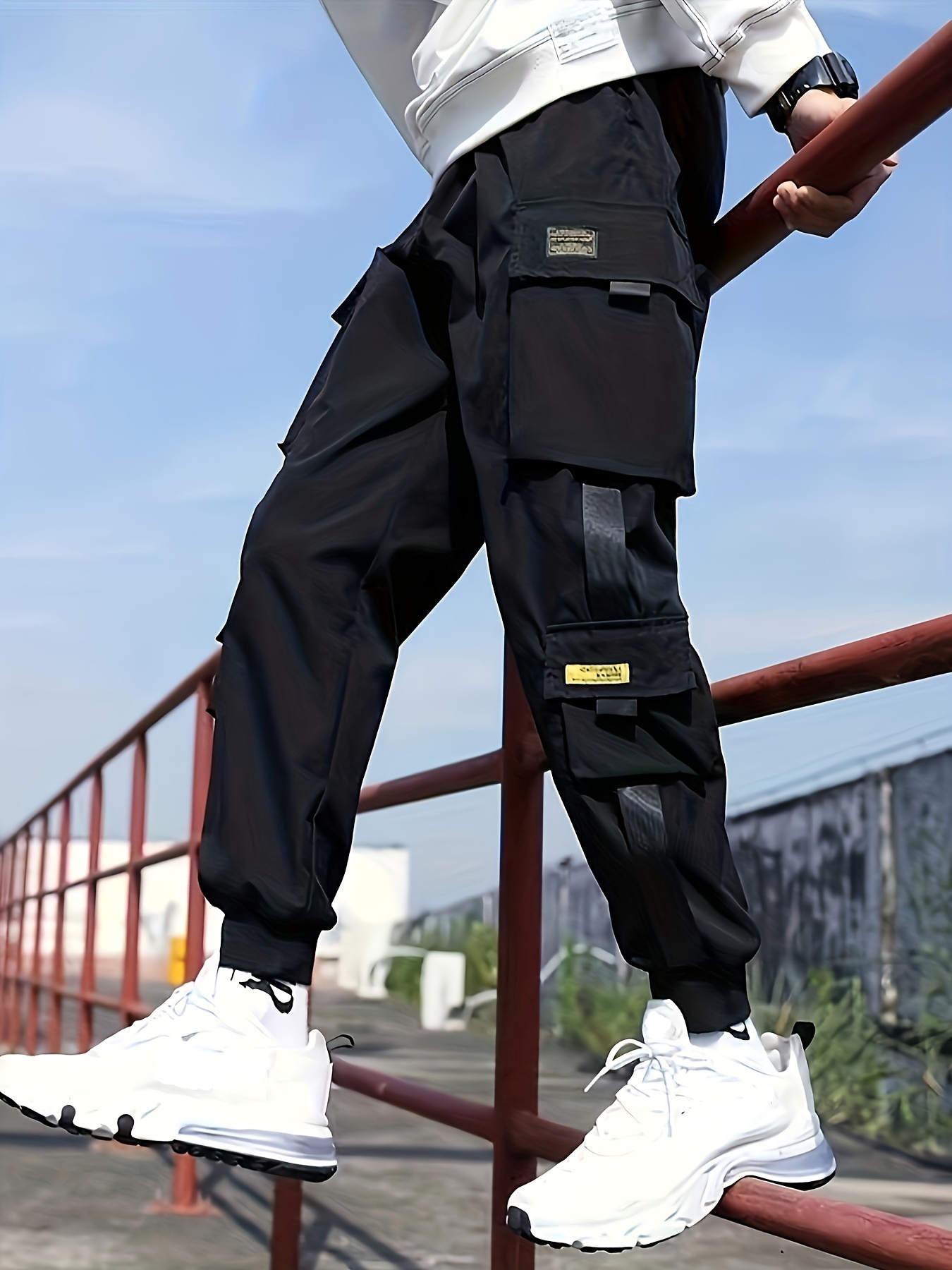 Trendy Plain Black Cargo Pants, Men's Multi Flap Pocket Trousers