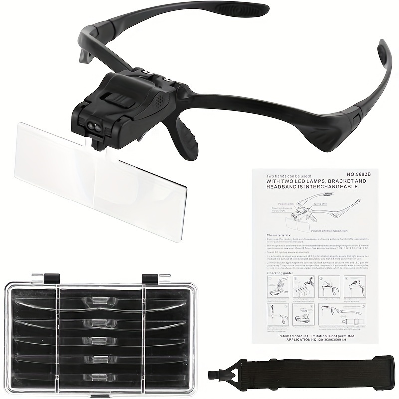 Rechargeable Magnifying Glasses, Head Magnifier Glasses with 2 LED Lights  and Detachable Lenses 1.5X, 2.5
