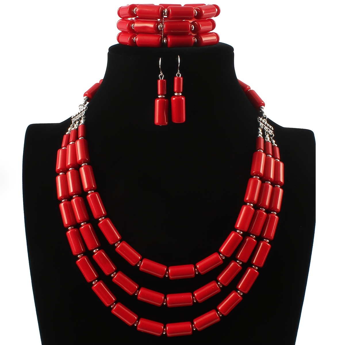 Boho Red Beaded Multilayer Necklace, Earrings & Bangle Set