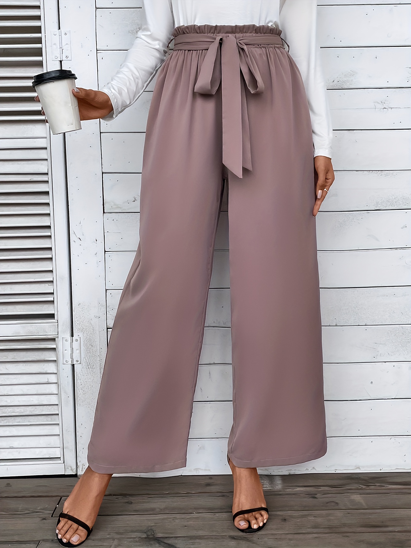 Pantalones Anchos Con Cintura Fruncida Sólida, Pantalones Elegantes Para  Primavera Y Otoño, Ropa De Mujer