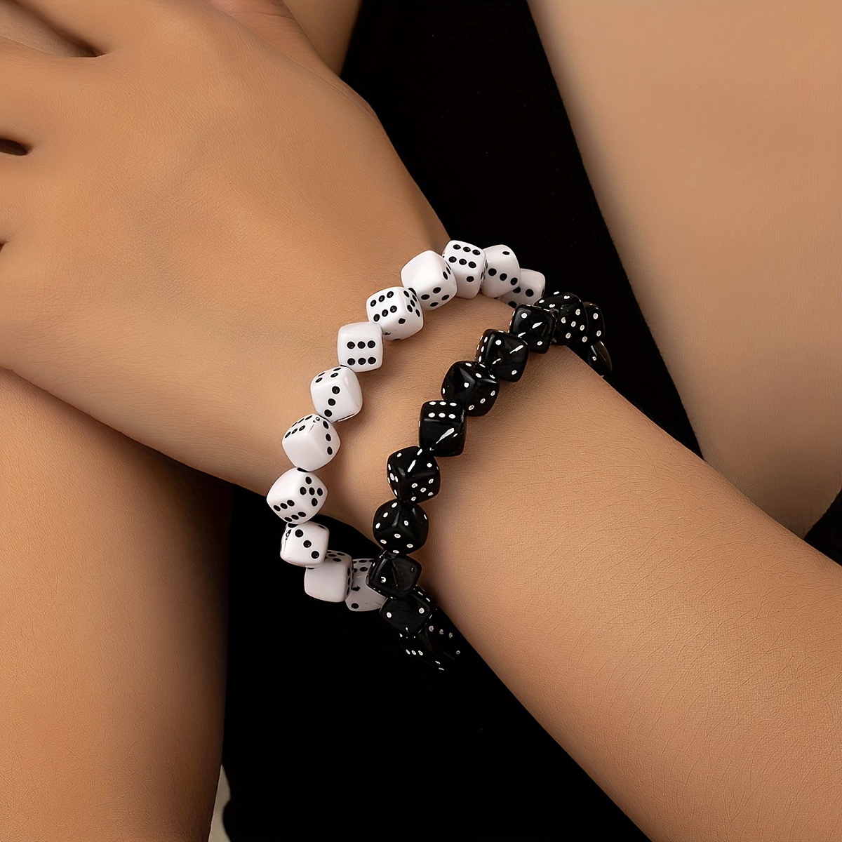 

2pcs Black White Dice Beads Beaded Bracelet Set Funny Hand String For Couples Friend