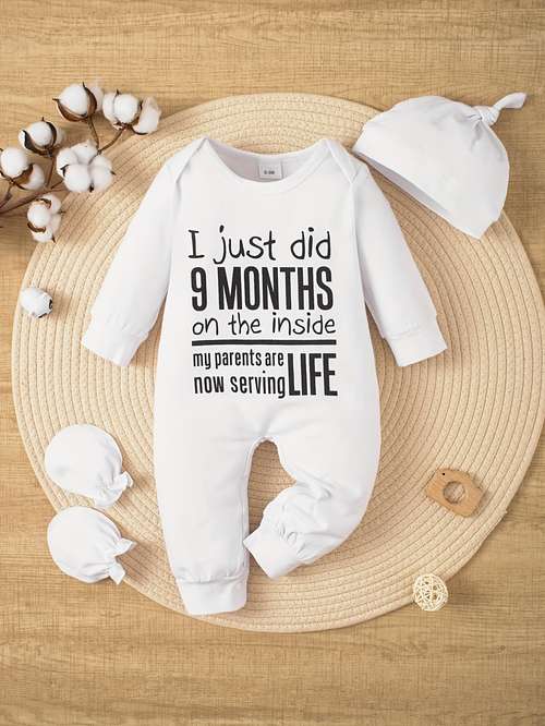 Infant's Funny "I Just Did 9 Months" Print Bodysuit, Comfy Long Sleeve Onesie, Baby Boy's Clothing, As Gift