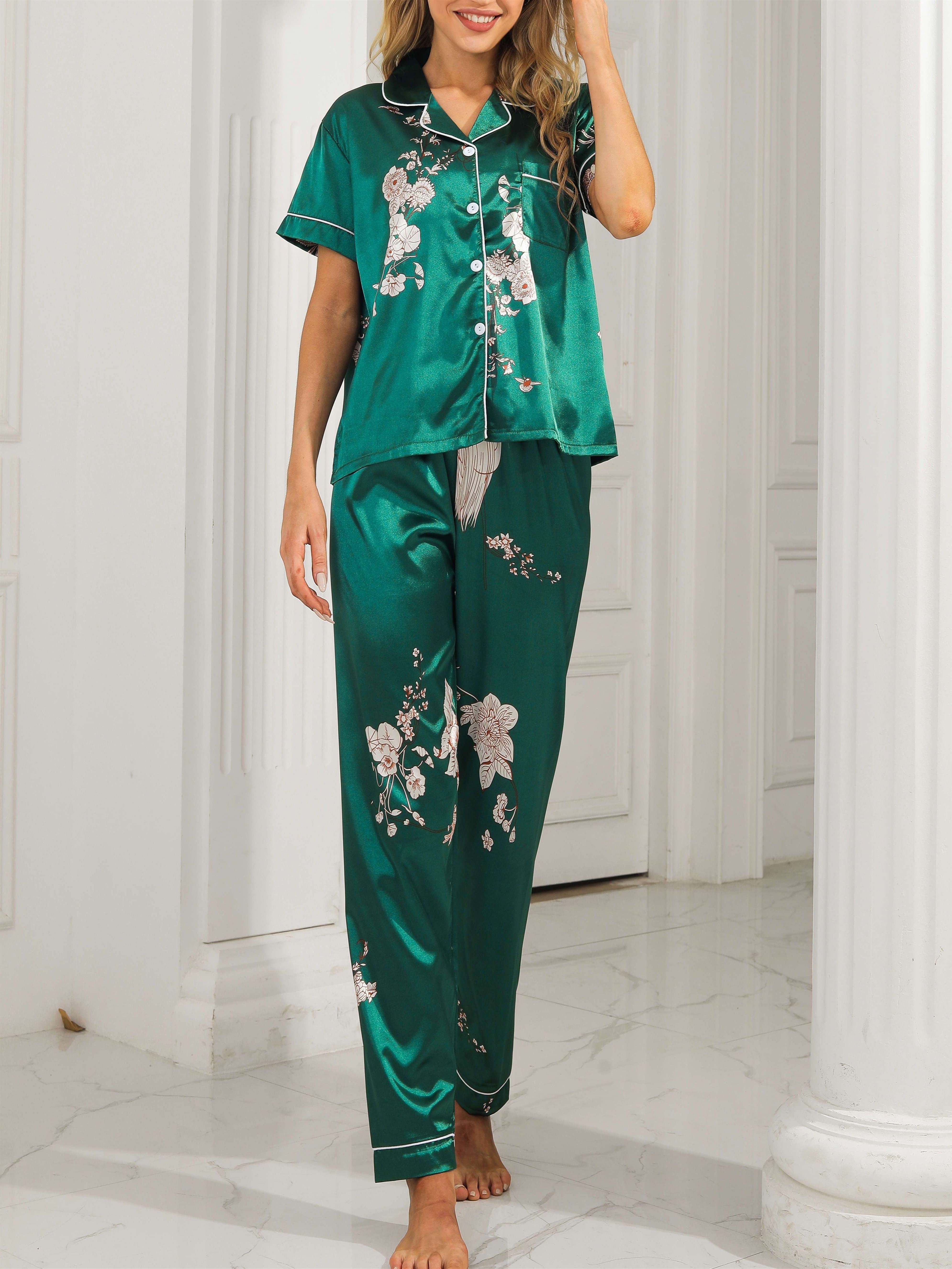 Green Floral Print Satin Pajama Set, Smooth & Comfort Short Sleeve Pocket  Lapel Top & Cozy Long Pants, Women's Loungewear & Sleepwear