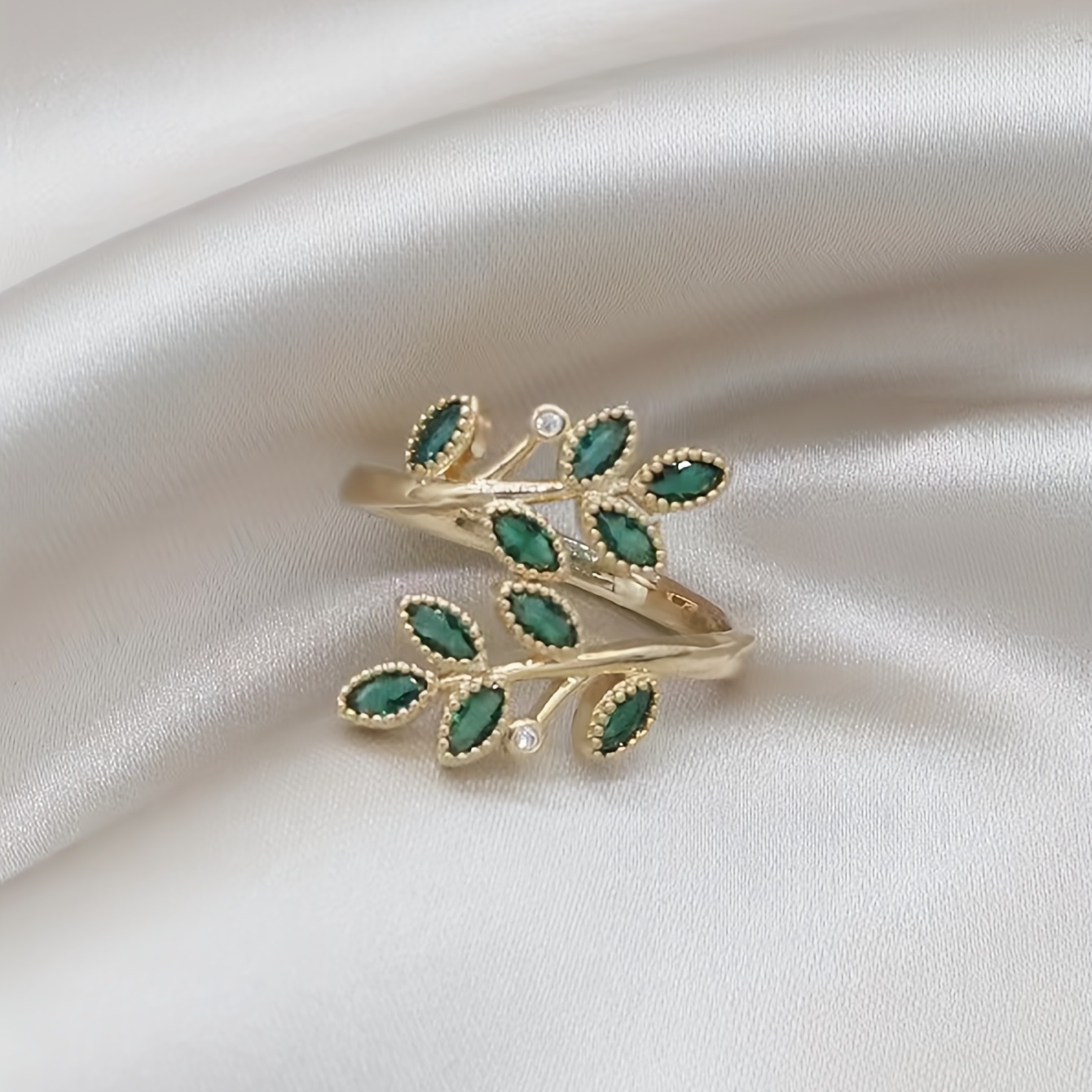 1pc elegant wrap ring emerald leaf pattern inlaid zircon suitable for daily outfits party jewelry for female details 0