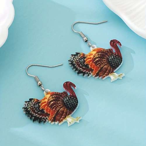 1pair Autumn Thanksgiving Colorful Print Turkey Maple Leaf Dangle Earrings, Thanksgiving Halloween Earrings Jewelry