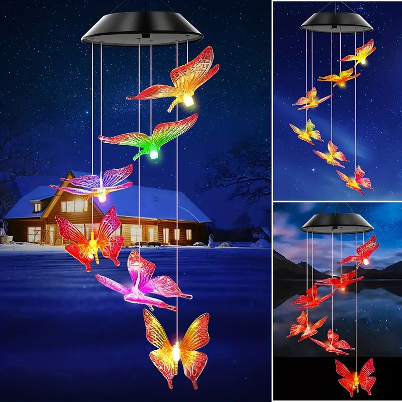 Solar Wind Chime Lamp LED Garden Countyard Decoration Hummingbird Butterfly  Lamp Pendant Wind Crystal Chime Outdoor