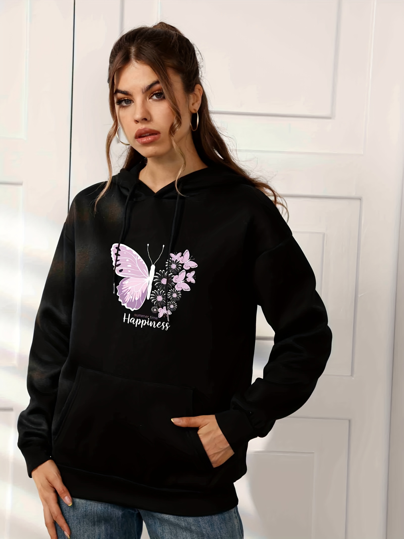 Women Casual Fashion Flower Butterfly Print Long Sleeve Hooded