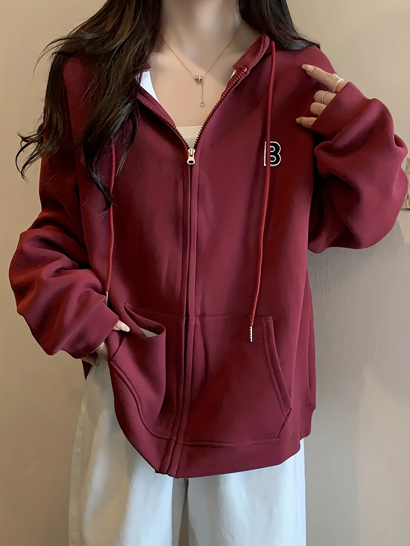 Letter B Print Zip Hoodie Casual Long Sleeve Drawstring Temu