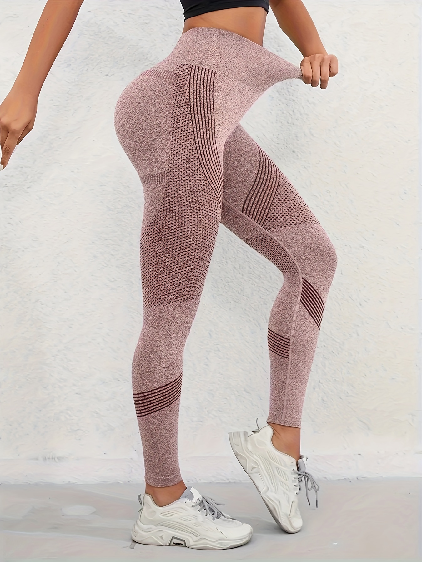 Striped Detail Sports Yoga Leggings Seamless Soft High Waist - Temu