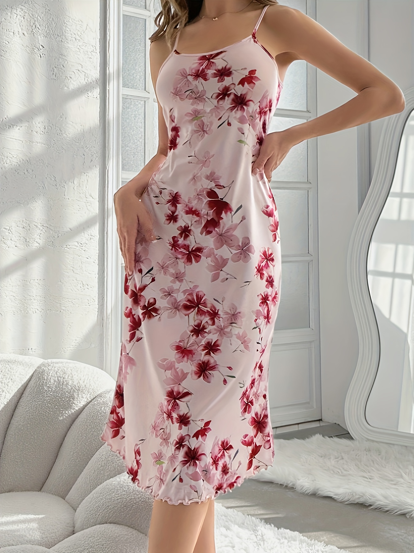 Sexy Floral Print Lettuce Trim Slip Nightdress, Round Neck Backless Midi Sleep Dress, Women's Sleepwear & Dresses