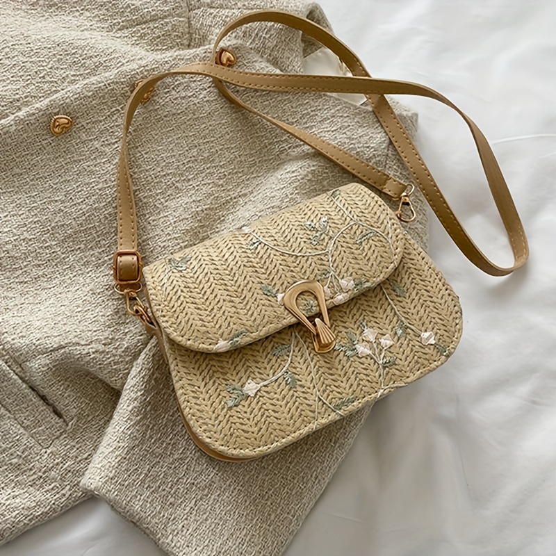 Mini Straw Bag Flower Embroidery Double Handle