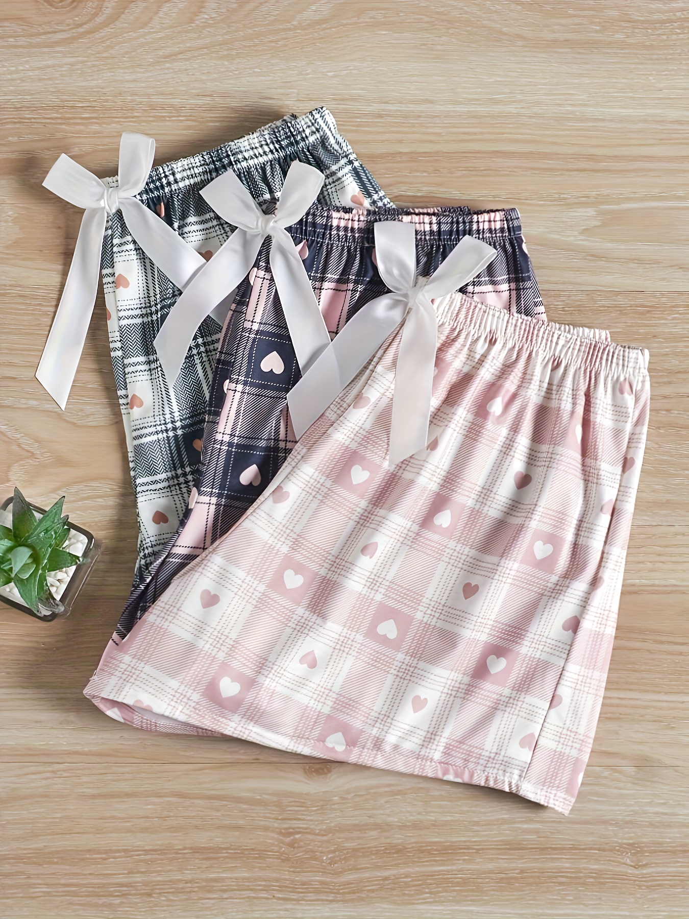 3 Pack Plus Size Preppy Lounge Bottoms Set Women's Plus Plaid & Heart Print Bow