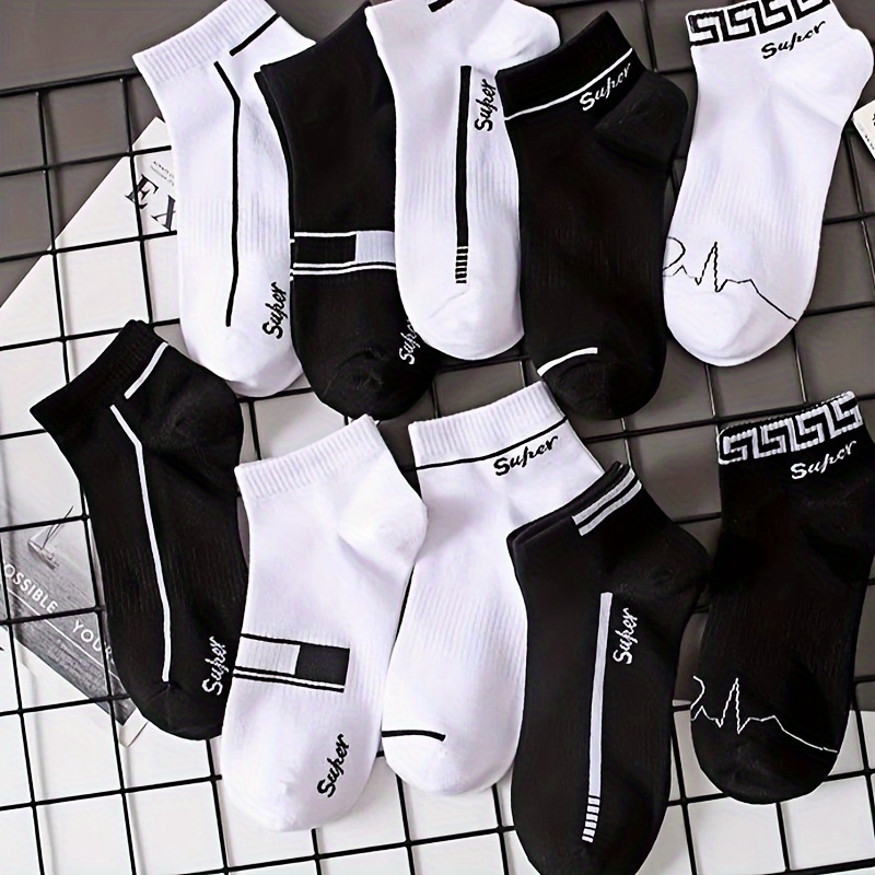 

10 Pairs Of Men's Simple Stripe Letter Pattern Liner Anklets Socks, Comfy Breathable Soft Sweat Absorbent Socks For Men's Outdoor Wearing