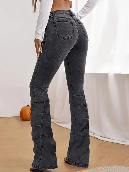 High Rise Cut Off Washed Grey Bootcut Jeans, High Waist Wide Legs Flare  Denim Pants, Women's Denim Jeans & Clothing
