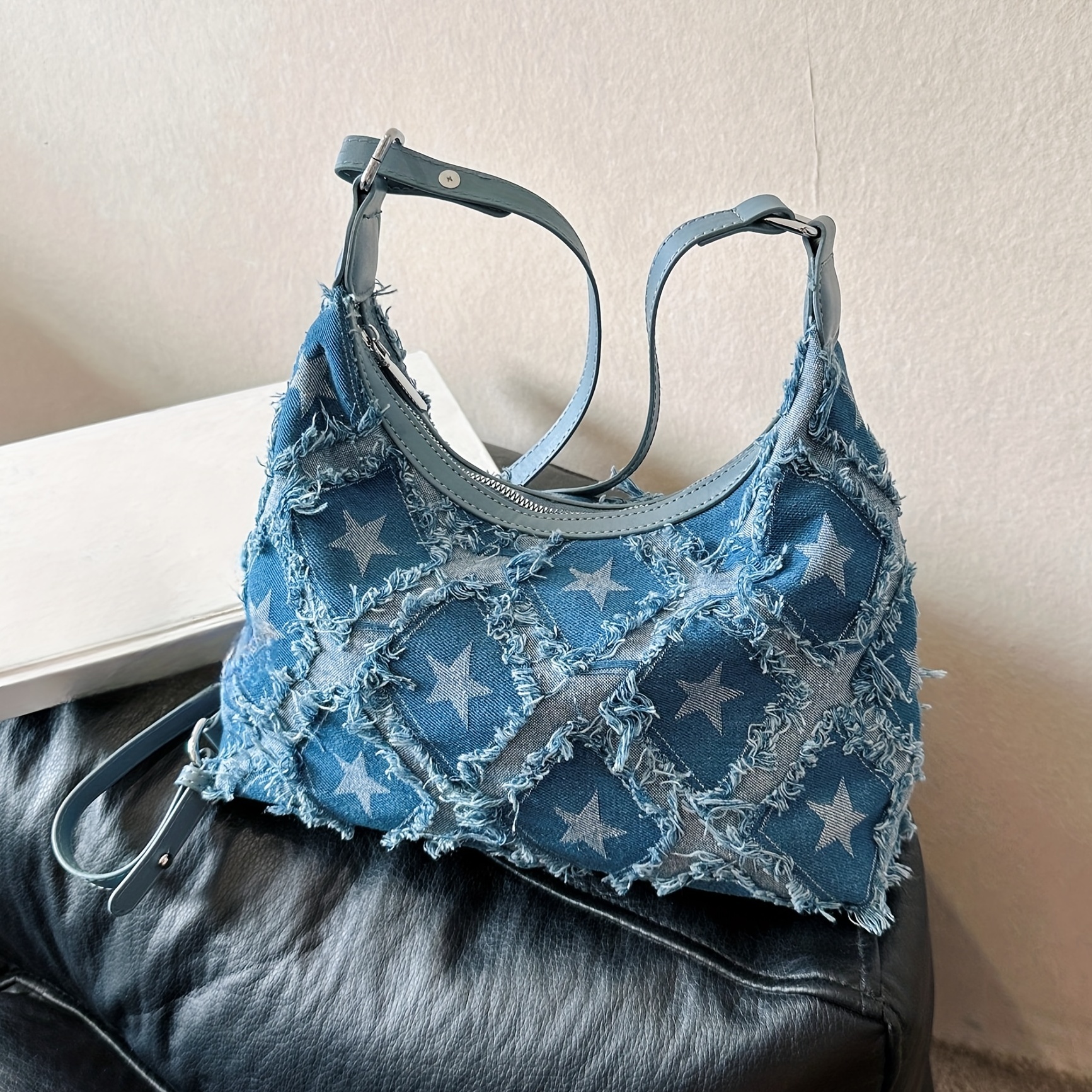 Vintage Denim Crescent Bag, Retro Tassel Shoulder Bag, Women's Y2k