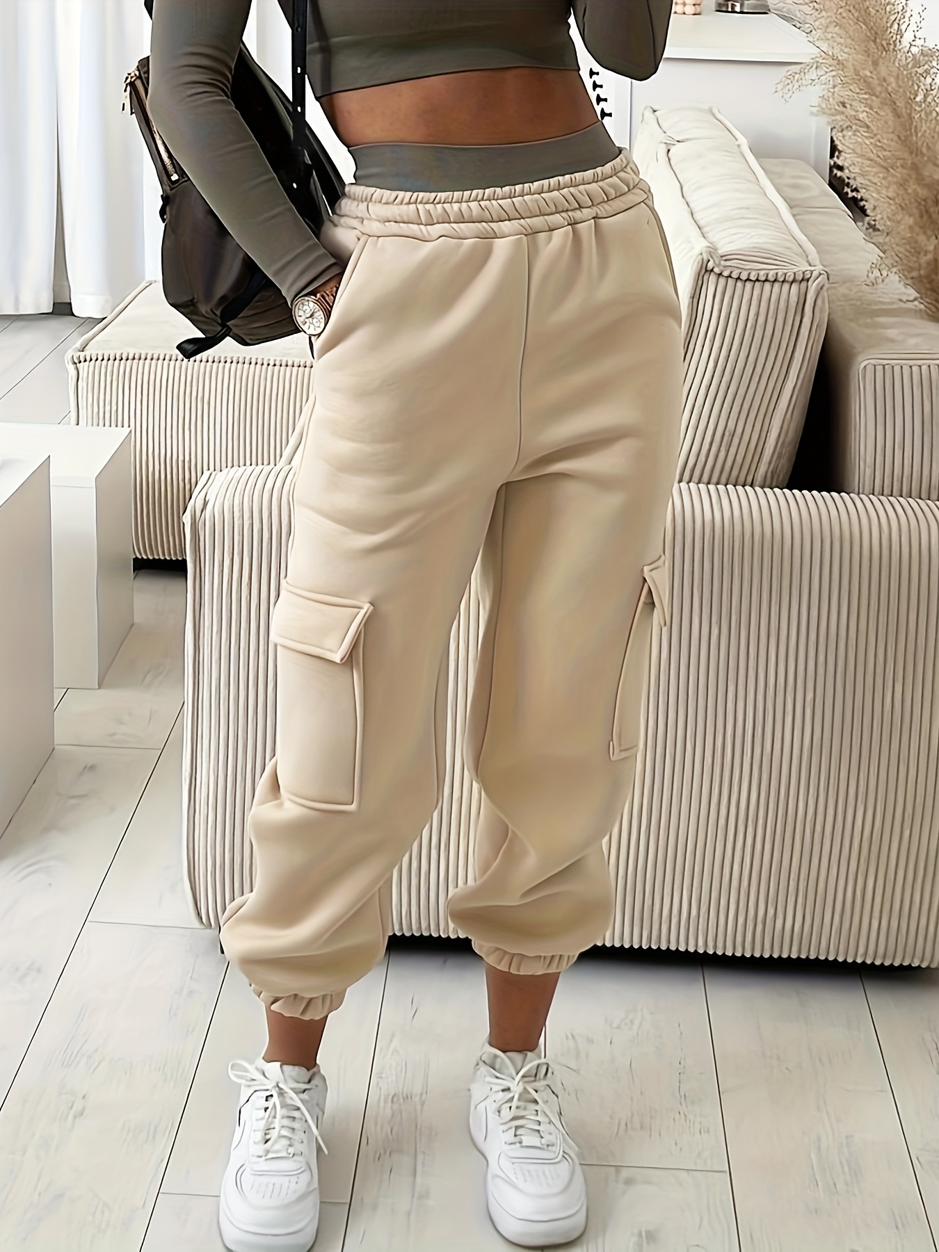 Solid Slant Pockets Tie Front Pants Casual Sporty Joggers - Temu Qatar