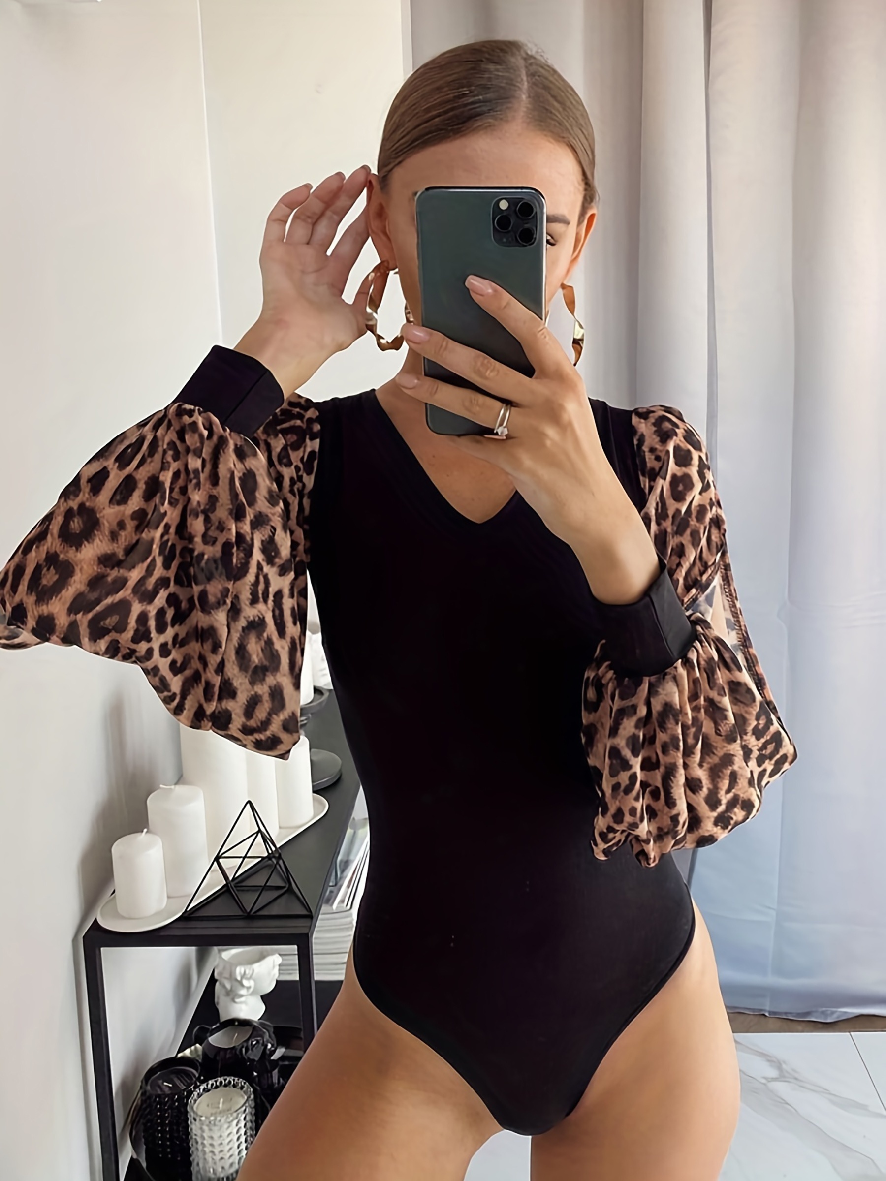 Leopard Print Scoop Neck Bodysuit Casual Short Sleeve Slim - Temu
