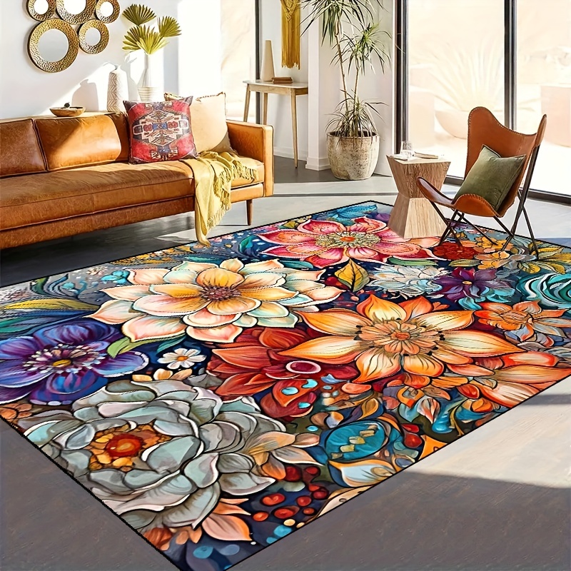 Multi Colored Floral Printed Rug Cotton Modern Indoor Rug Non-Slip Backing  Easy Care Washable Area Carpet for Bedroom - Clearhalo
