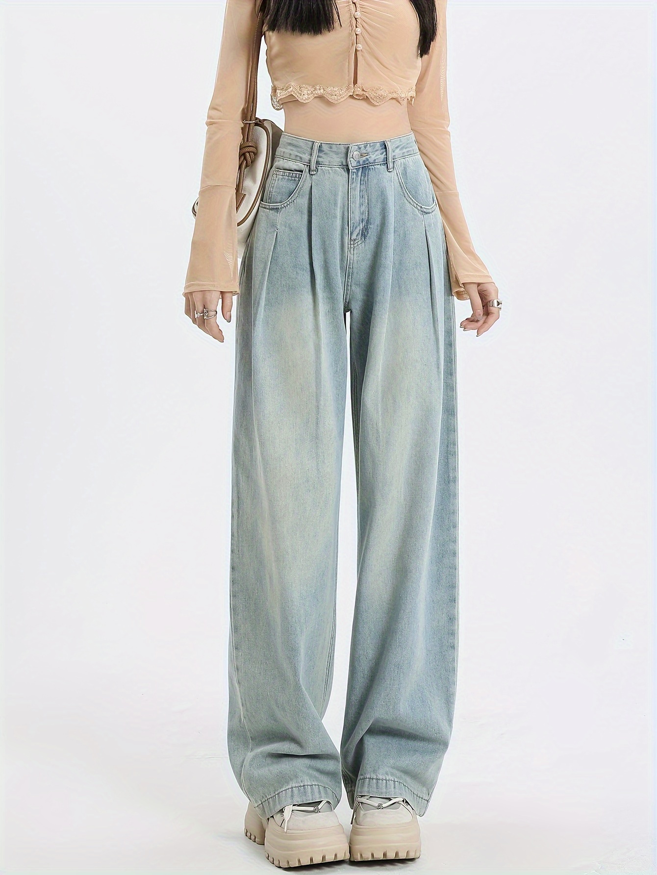Elastic Waist Washed Baggy Jeans Loose Fit Washed Wide Legs - Temu