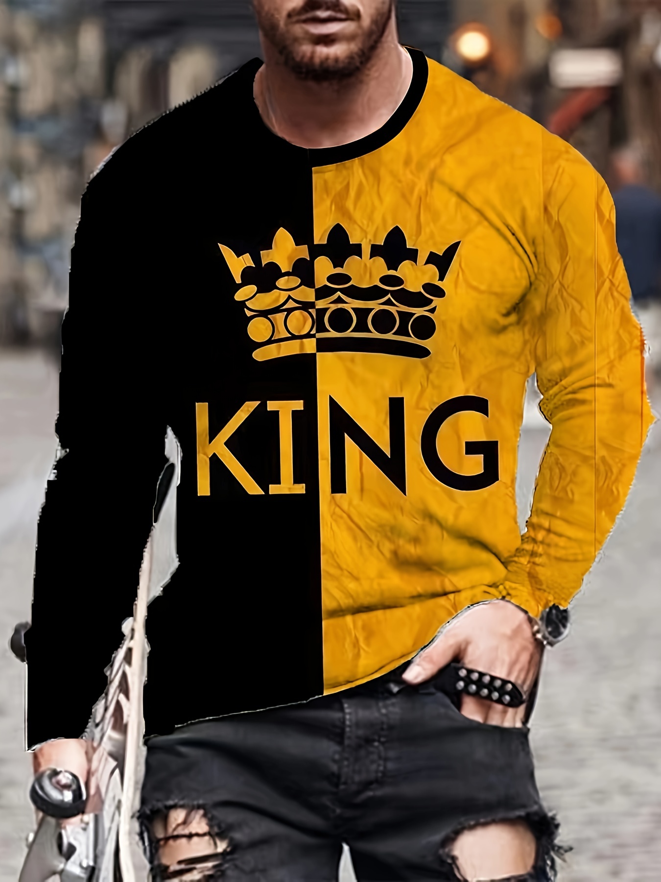 Plus Size Men's Stylish Contrast Color "king" & Crown Graphic Print For Sports/workout/outdoor, Street Style Long Sleeve Tees Tops For Big And Tall Guys, Men's Clothing - Temu United Arab Emirates