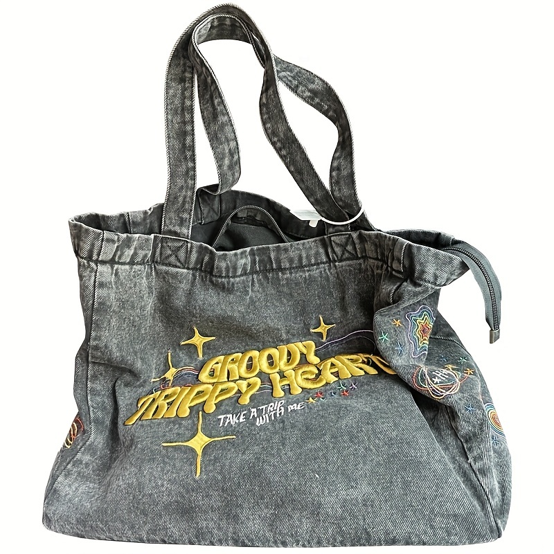 Y2k Denim Canvas Tote Bag, Letter Embroidery Shoulder Bag, Trendy Vintage  Shopping Bag - Temu