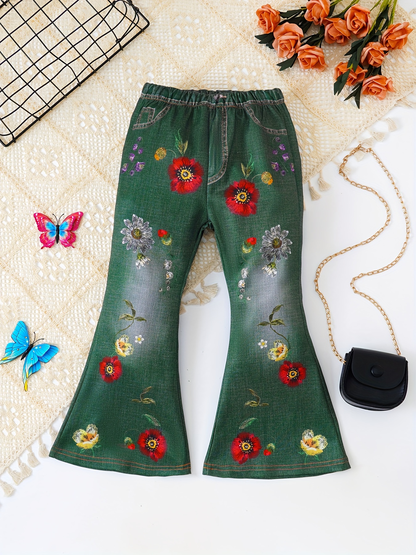 Pantalones Mezclilla Bordado Floral Oscuro Jeans - Temu