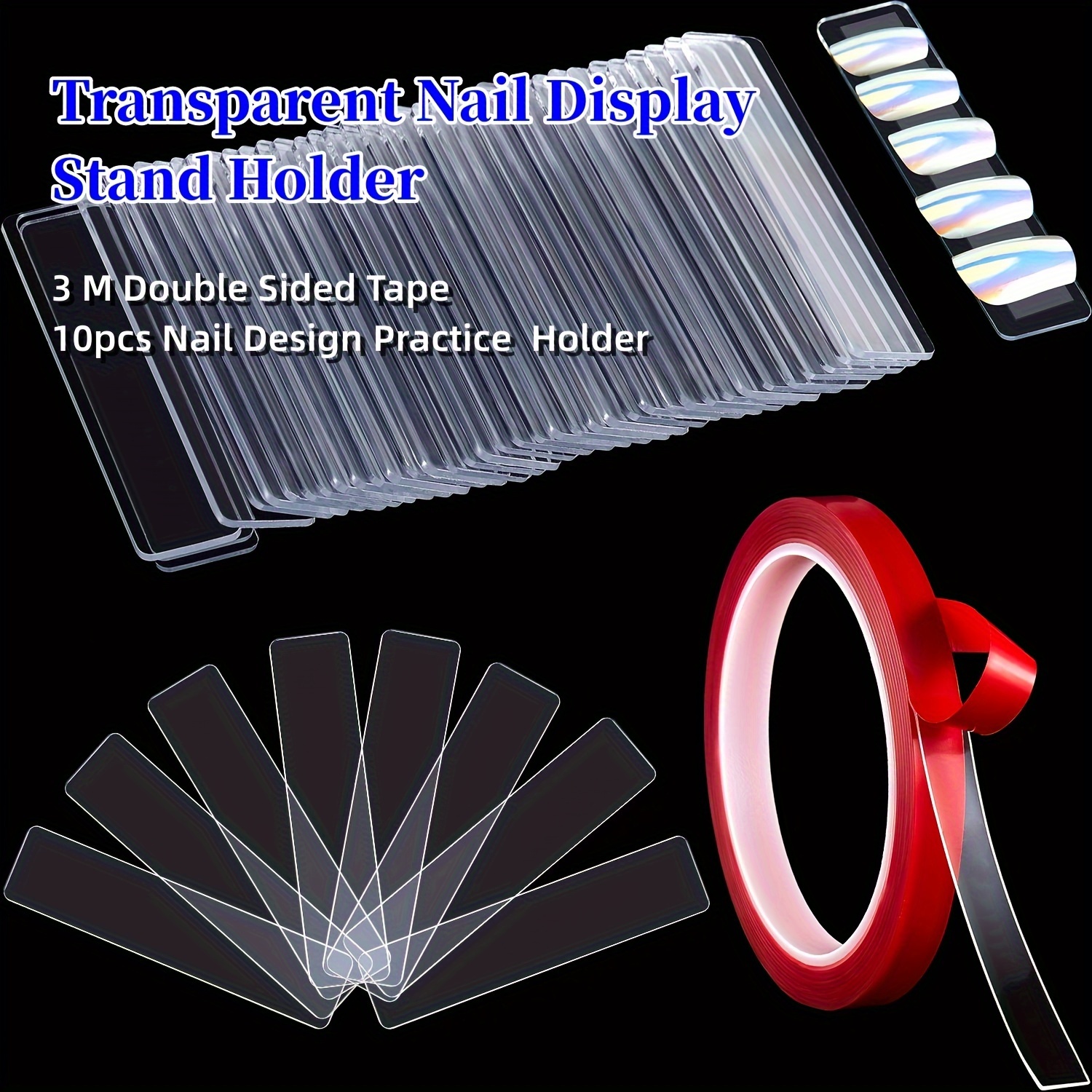 

Clear Nail Display Stand Kit With Double-sided Tape & 10 Practice Holders - Salon, Decor, Nail Tech Supplies