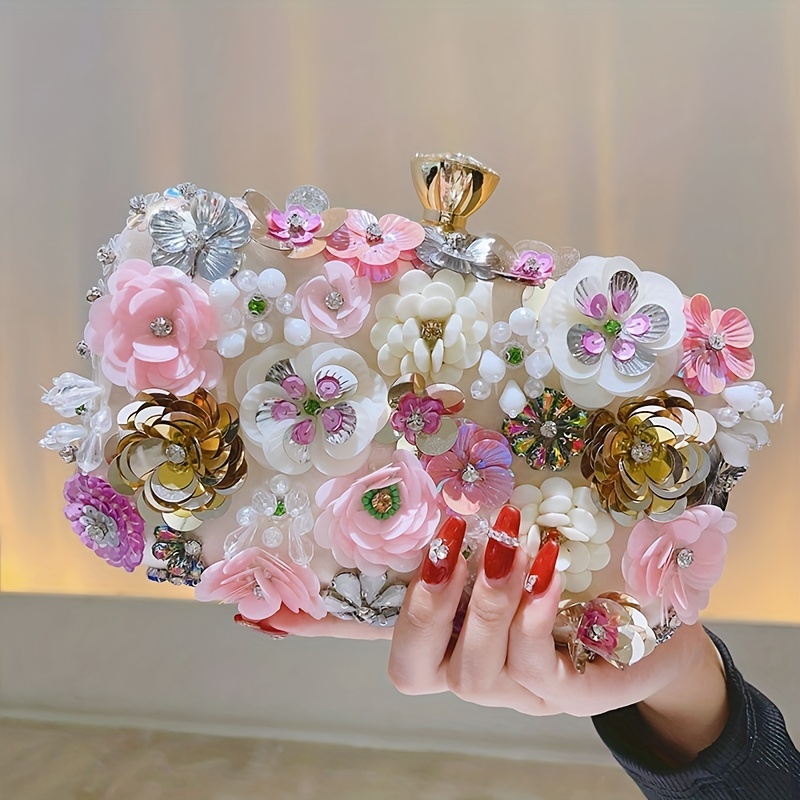 Large Clutch Handbag Floral Bead Sequin Evening Bag Purse