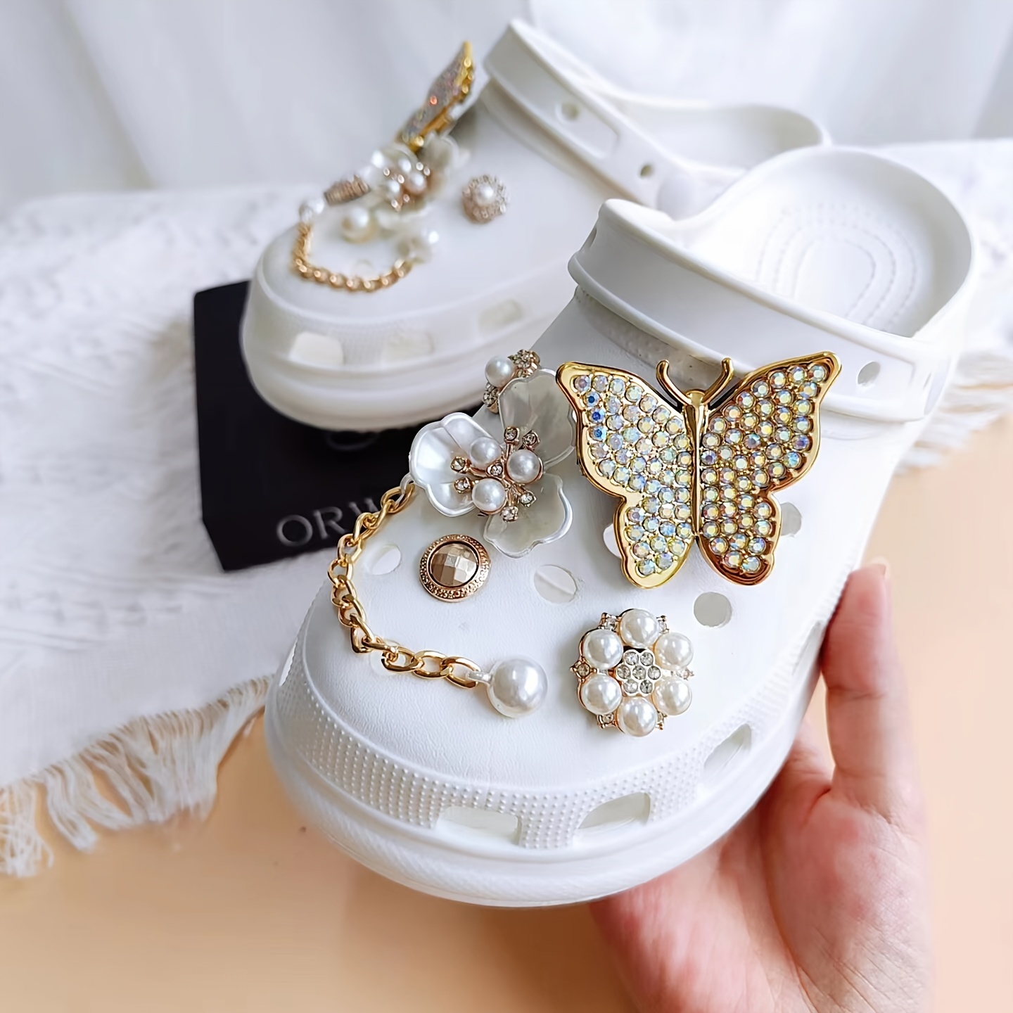 Rhinestone Set Croc Shoes Charms Butterfly Kit Pearl Flower Gold