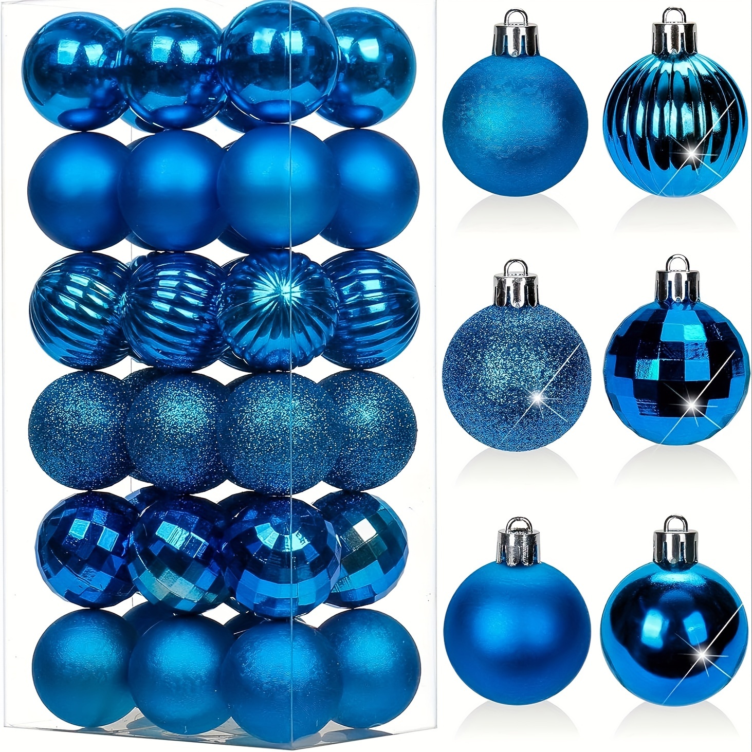 24 Pcs Christmas Balls Ornaments for Xmas Tree - Shatterproof Christmas Tree Decorations Small Hanging Ball 1.18 inch ,4 Style, Blue