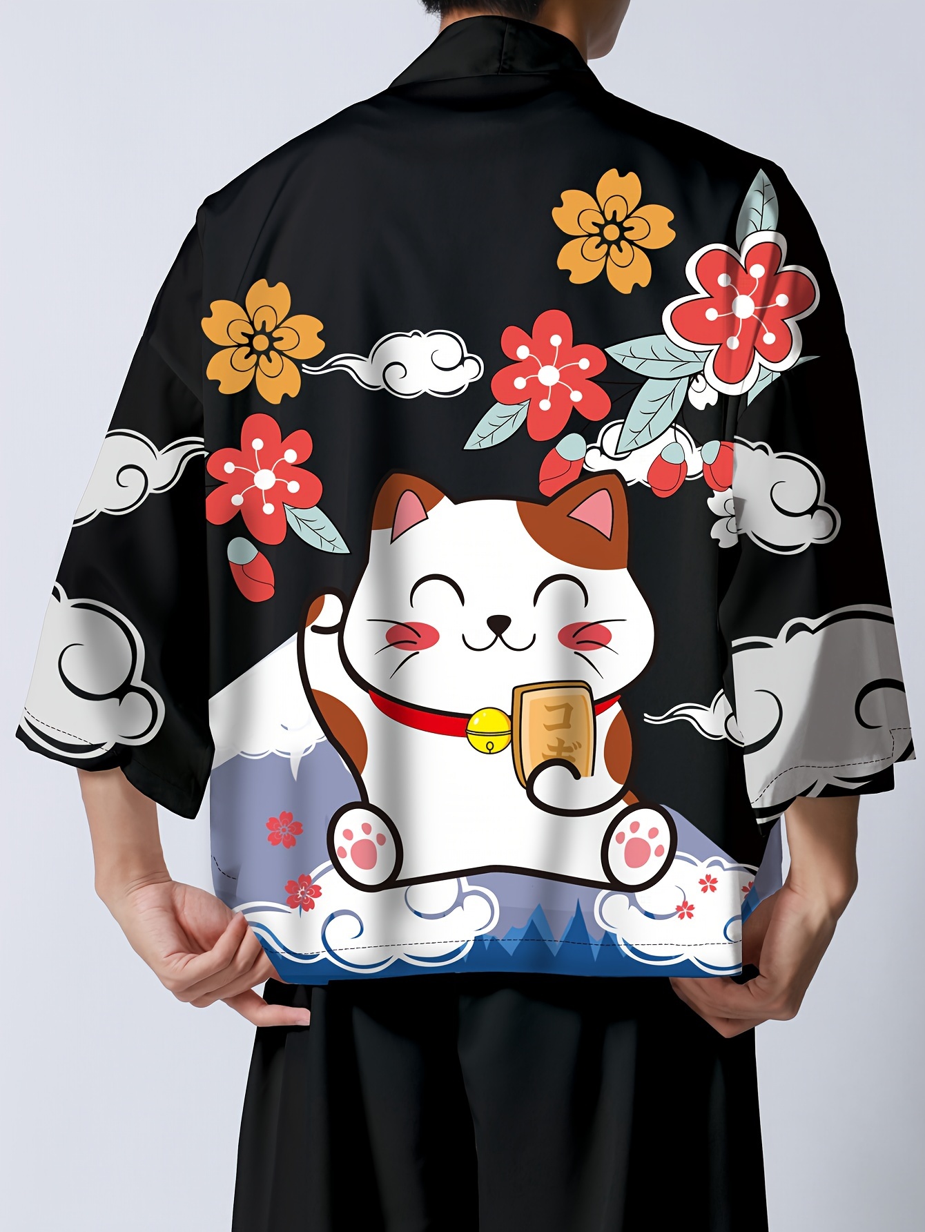 Anime Cartoon Cat Pattern Men's Kimono Jackets Japanese Costume Men V-neck  Casual Short Sleeve Open Front Coat - Temu