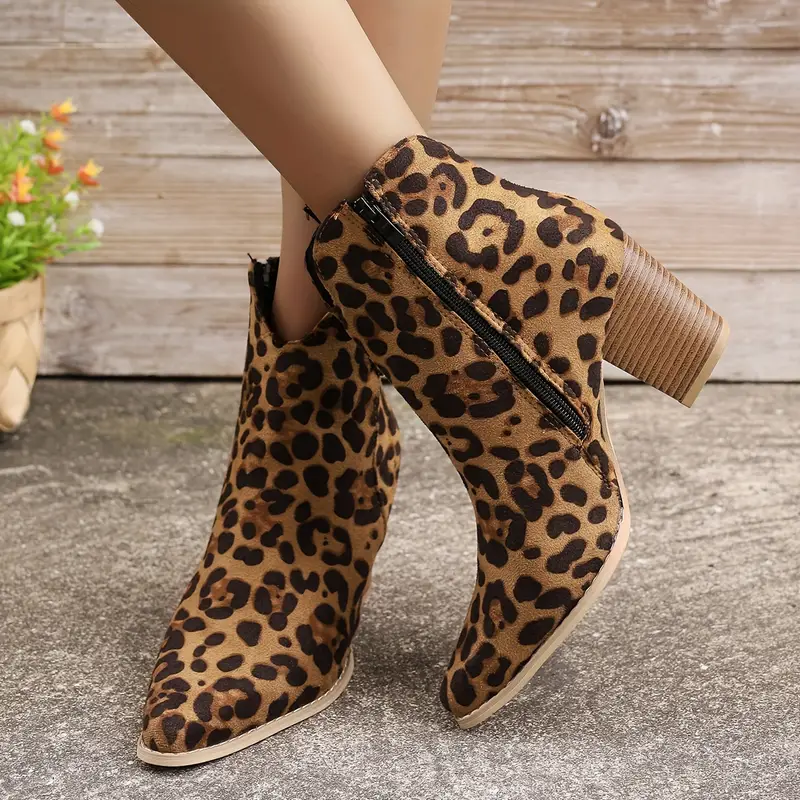 leopard print chunky heel boots