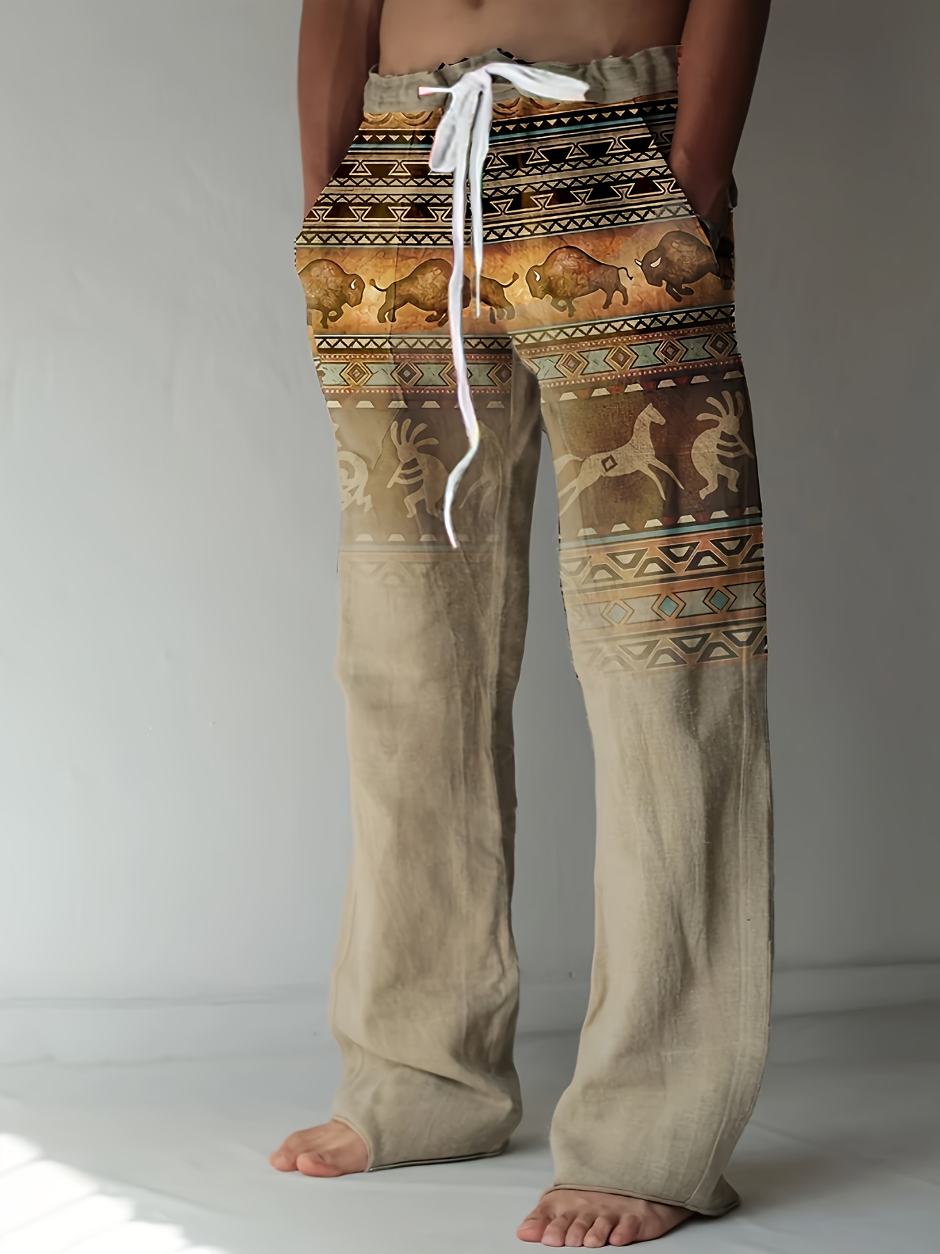 Cotton Linen Blend Men's Drawstring Harem Pants Beach Pant - Temu