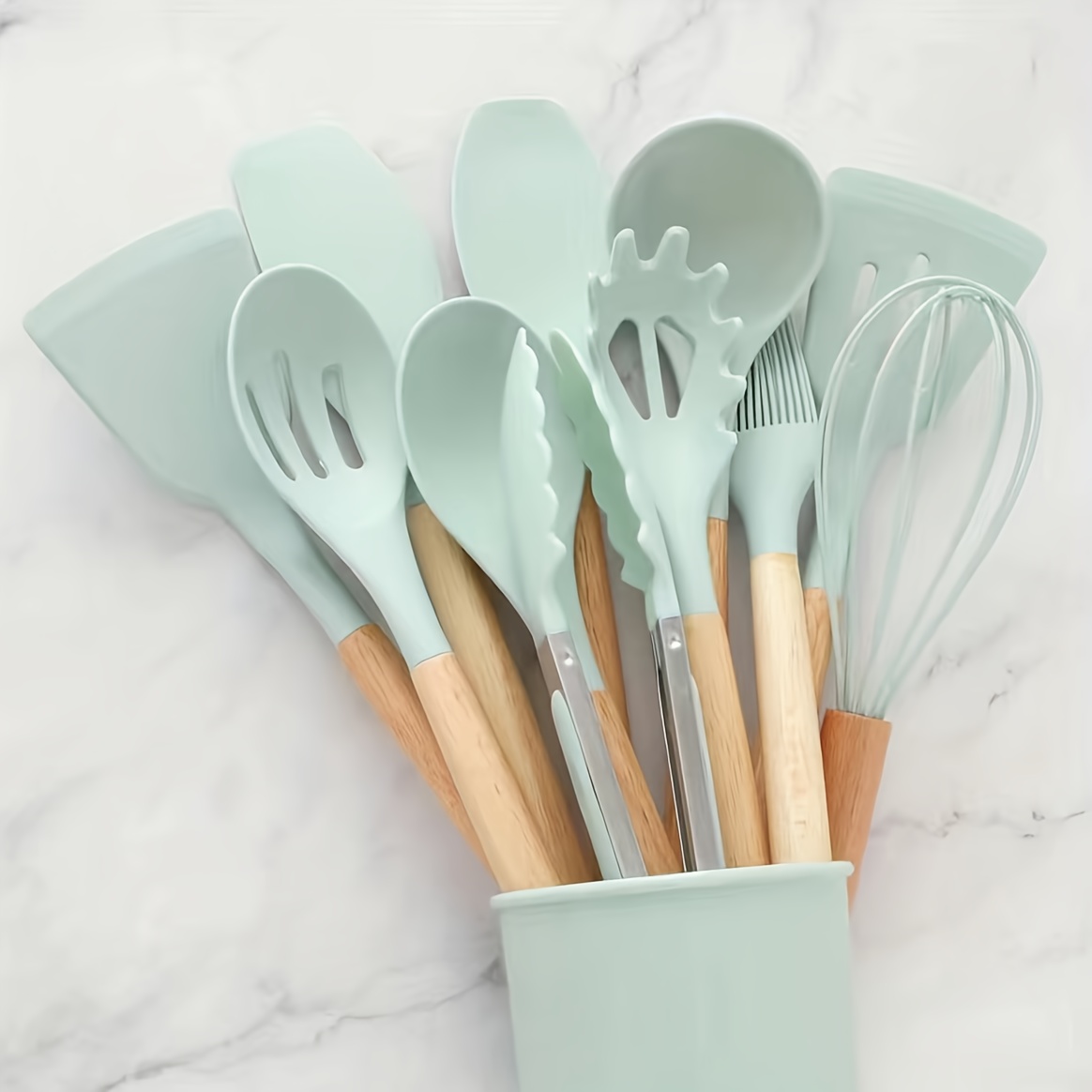 White Silicone Kitchen Utensil Set With Wooden Handle - Temu South