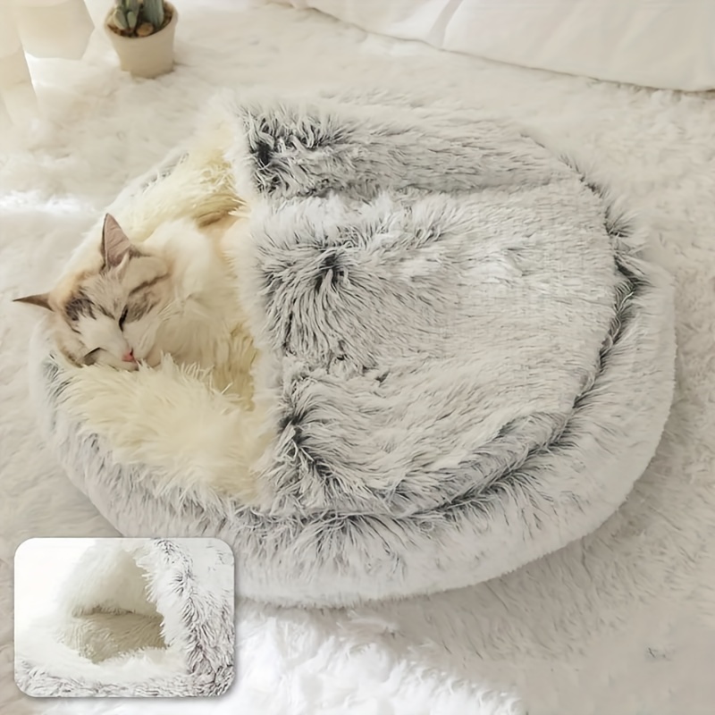 plush round hooded pet bed warm dog bed for small dogs fluffy soft cat bed donut pet cushion details 4