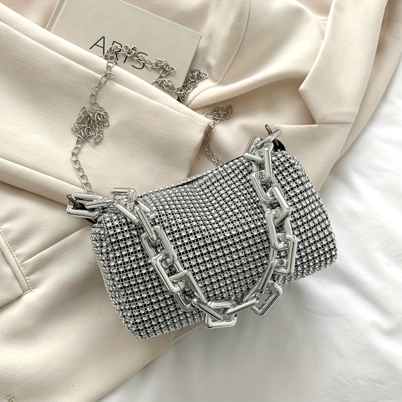 Luxury Rhinestone Crossbody Bag, Fashion Chain Shoulder Bag, Shiny Evening Handbag for Women,Silvery,$4.69,Solid color,Temu