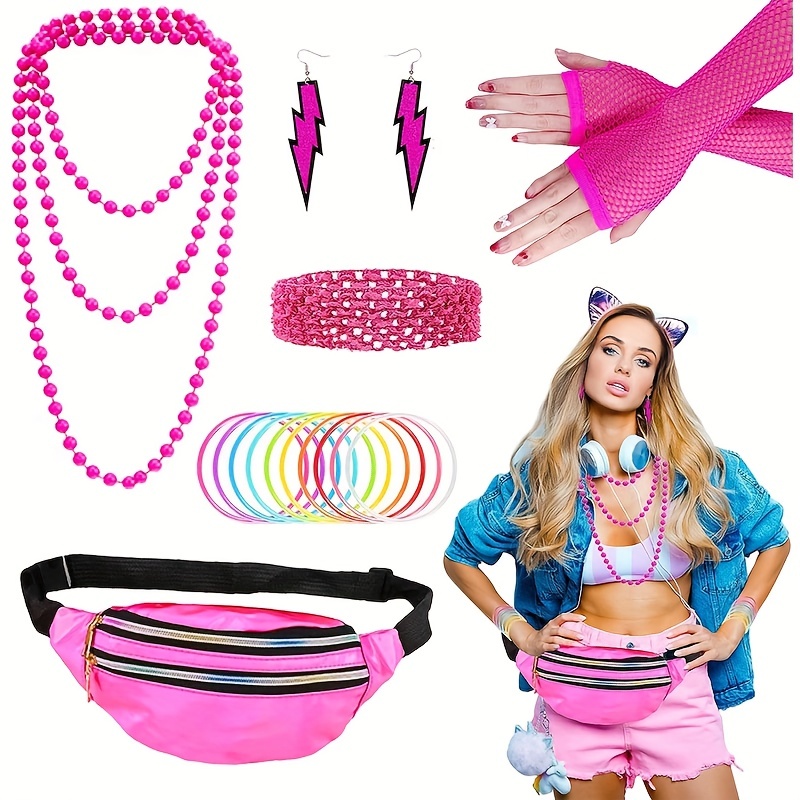 80s Costume Accessories For Women, T-shirt Tutu Fanny Pack Headband Earring  Necklace Fishnet Gloves Legwarmers 80s Party Halloween Outfit For Women 24